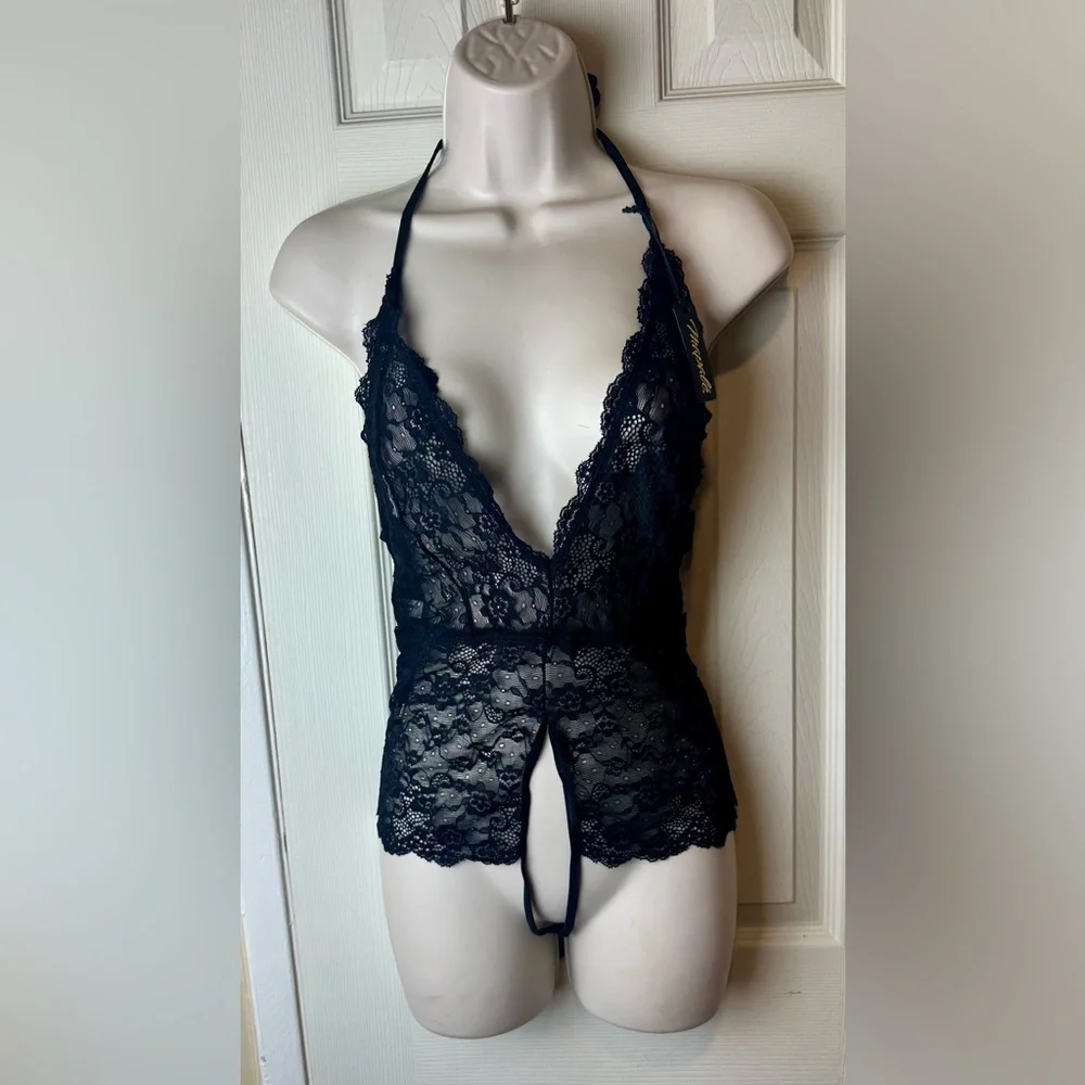 Mapale Sheer Black Lace Halter Chemise with Front Slit Open Gusset
